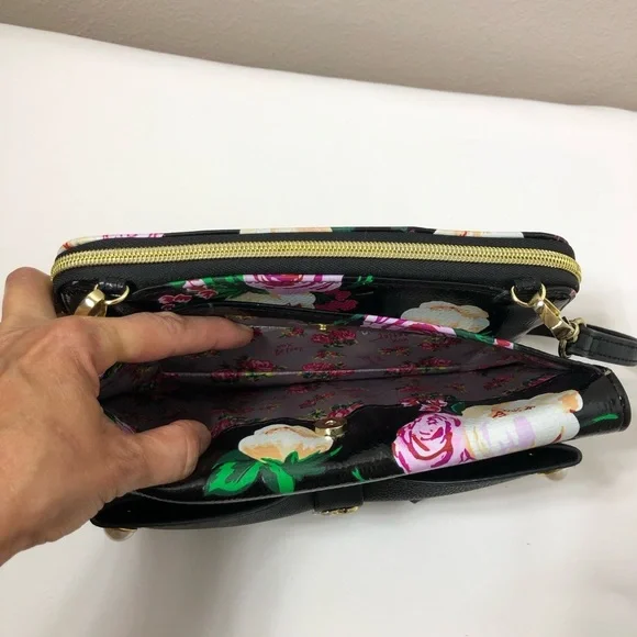 Betsey Johnson Faux Leather Romantic Floral Multi Pockets Crossbody Purse - Picture 8 of 16